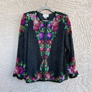 VINTAGE 80s 90s LAURENCE KAZAR Floral Beaded Sequin Silk Blazer Evening Jacket M